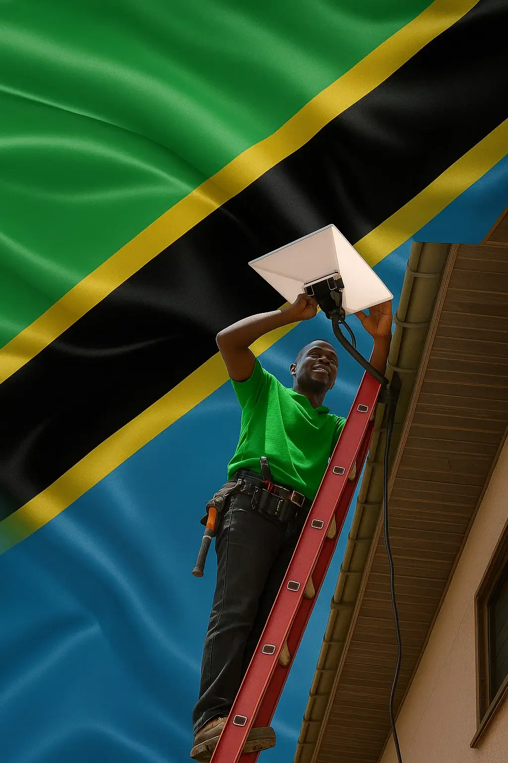 Starlink in Tanzania authorized dealer installing a Starlink kit in East Africa.